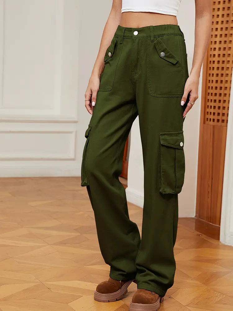Everyday Retro-Style Elastic Waist Cargo Jeans