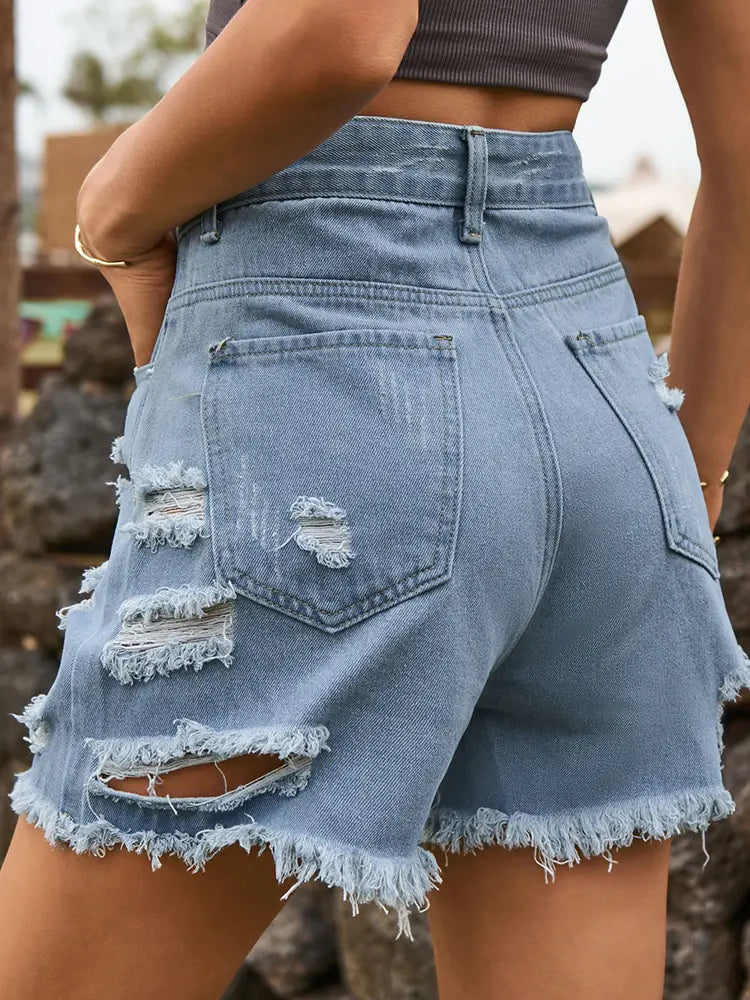 Edgy Asymmetrical Ripped Denim Shorts