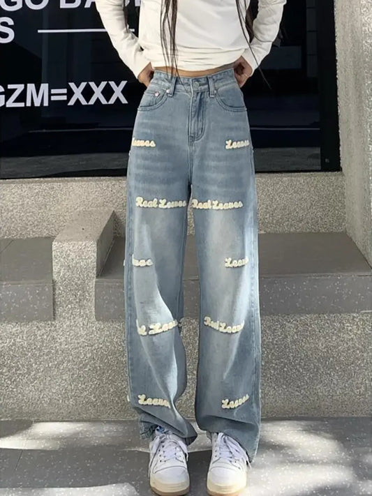 Sophie - Letter Embroidered High-Waist Jeans