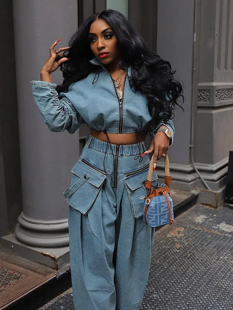 Retro-Chic Wide-Leg Denim Set