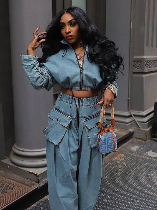 Retro-Chic Wide-Leg Denim Set