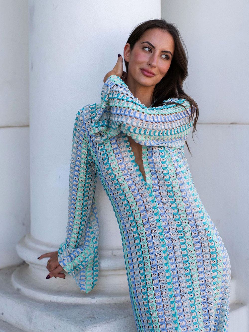 Boho V Neck Bell Sleeve Wavy Striped Crochet Beach Vacation Maxi Dress - Blue - Airnori