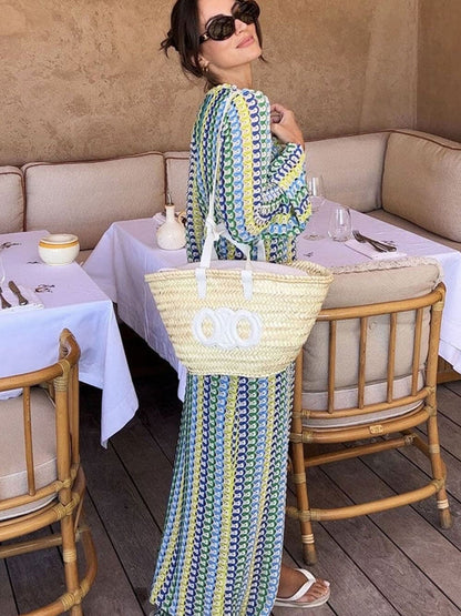 Boho V Neck Bell Sleeve Wavy Striped Crochet Beach Vacation Maxi Dress - Yellow - Airnori