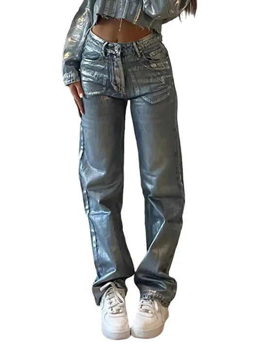 Silver Foil High-Rise Statement Jeans