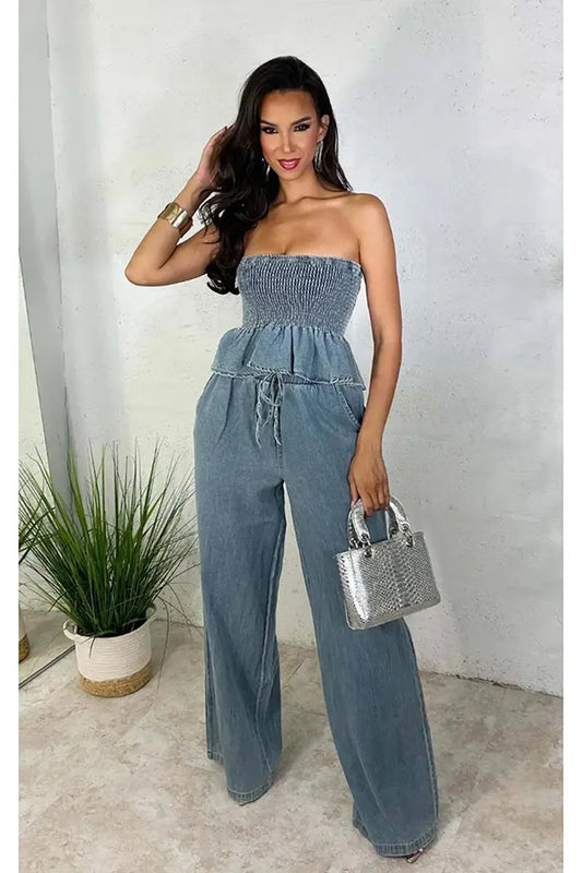 Harper - Ruffled Denim Crop & Wide-Leg Set