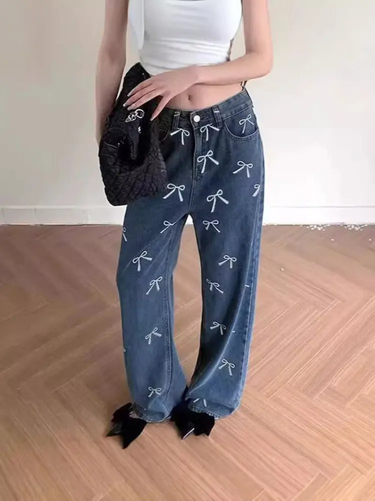 Chloe – Bow Print Denim Pants With Relaxed Fit