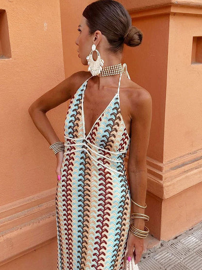 Halter V Neck Backless Boho Pattern Knit Slim-Fit Vacation Maxi Dresses-Beige - Airnori
