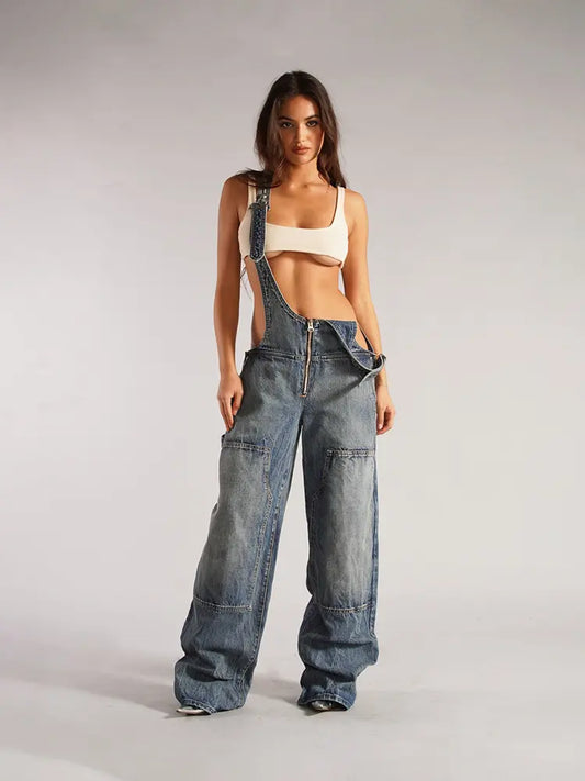 Harper - Zipper Strap Wide-Leg Denim Jumpsuit