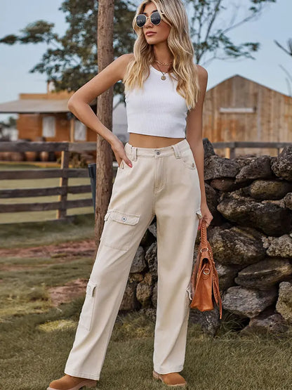 Everyday Washed Cargo Denim Pants with Semi-Elastic Waist