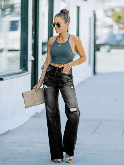 Chic High-Rise Ripped Wide Jeans