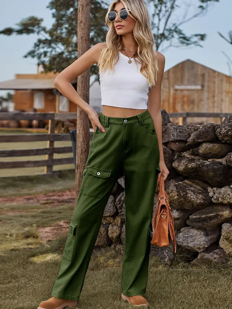 Everyday Washed Cargo Denim Pants with Semi-Elastic Waist