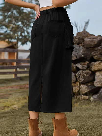 Vintage-Inspired Denim Cargo Midi Skirt