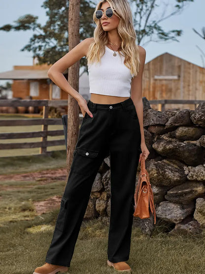 Everyday Washed Cargo Denim Pants with Semi-Elastic Waist