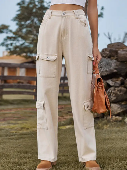 Everyday Washed Cargo Denim Pants with Semi-Elastic Waist