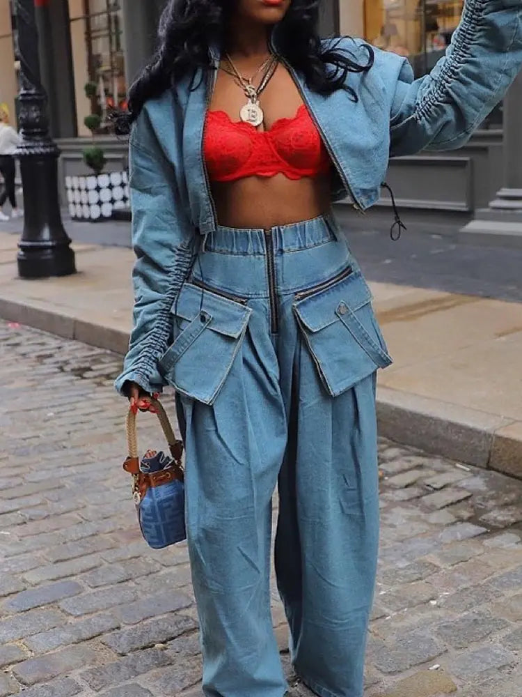 Retro-Chic Wide-Leg Denim Set