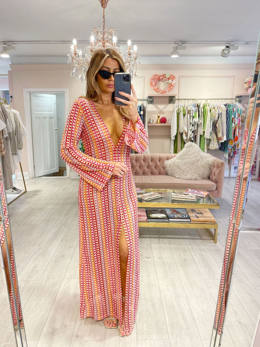 Boho V Neck Bell Sleeve Wavy Striped Crochet Beach Vacation Maxi Dress - Red - Airnori