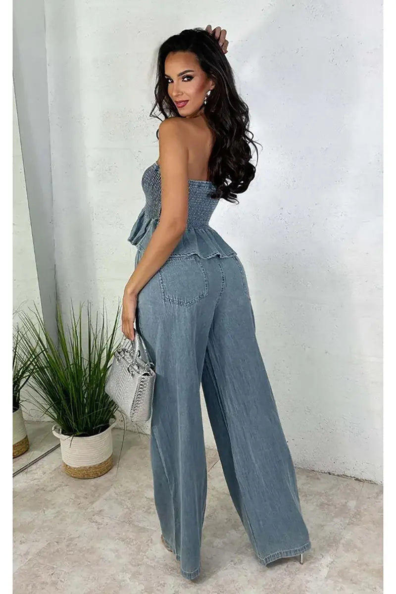 Harper - Ruffled Denim Crop & Wide-Leg Set