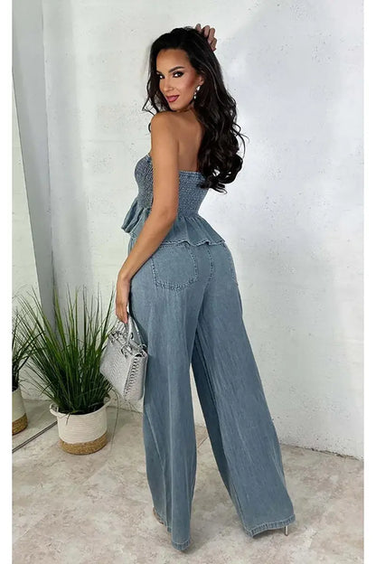 Harper - Ruffled Denim Crop & Wide-Leg Set