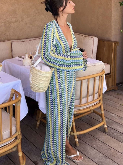 Boho V Neck Bell Sleeve Wavy Striped Crochet Beach Vacation Maxi Dress - Yellow - Airnori