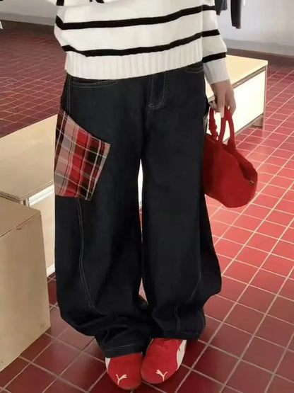 Ruby – Plaid Patchwork Jeans With Wide-Leg Comfort