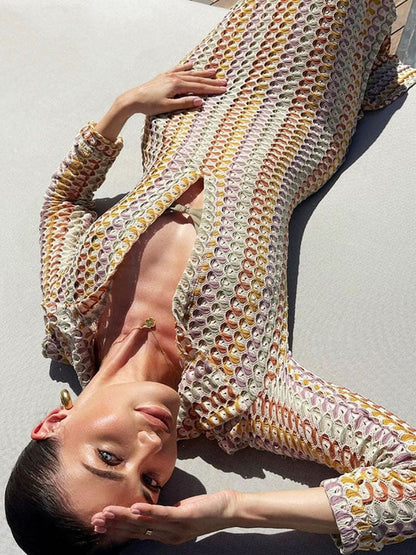 Boho Collared V Neck Split Wavy Striped Crochet Beach Vacation Maxi Dress - Brown - Airnori