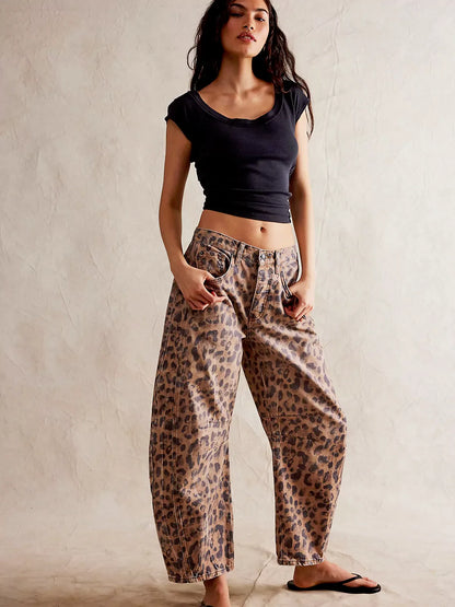 Wild Spirit Barrel-Leg Leopard Print Jeans