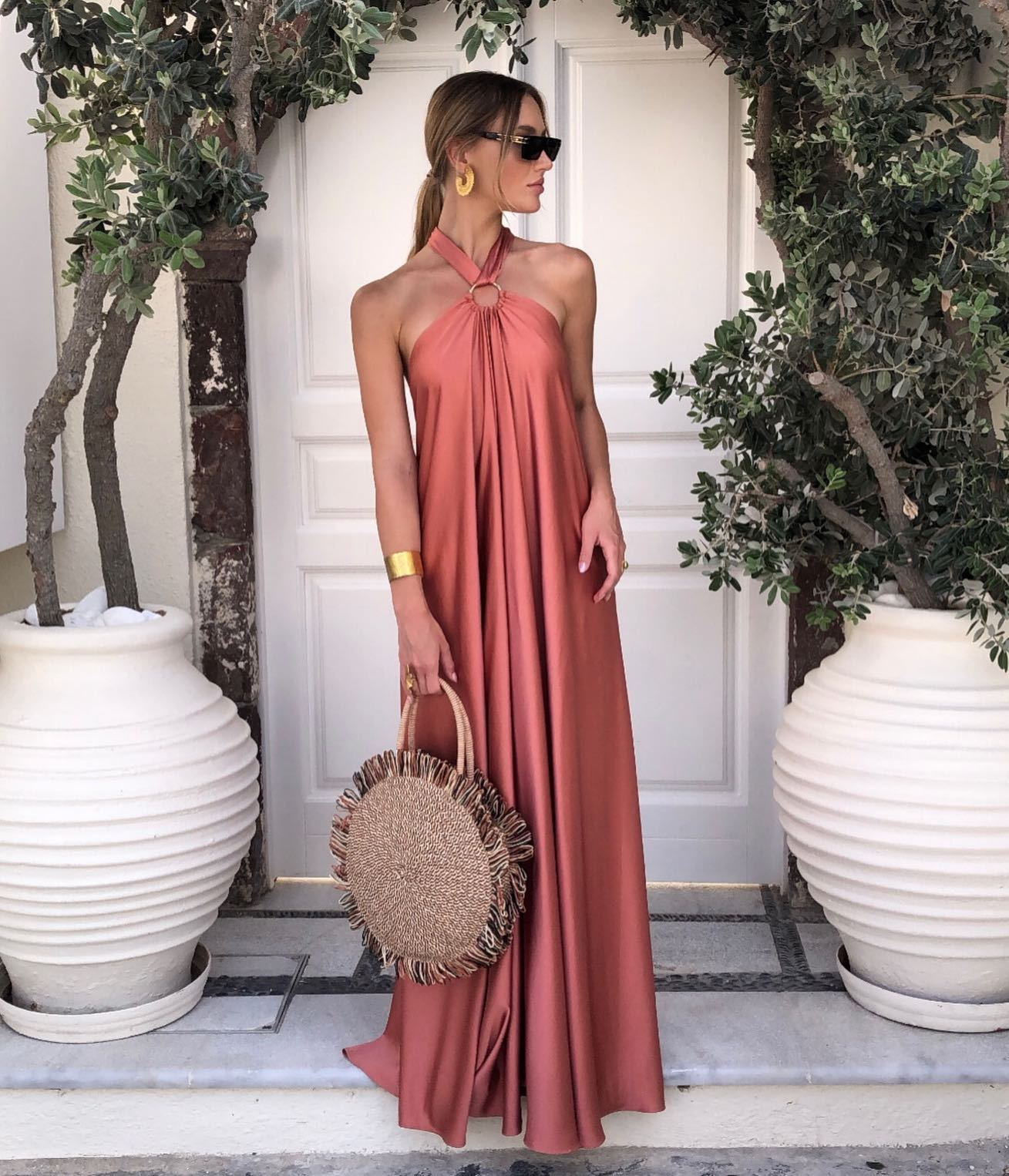 Satin  Elegant Maxi long Dress: Backless Halter Neck - Airnori