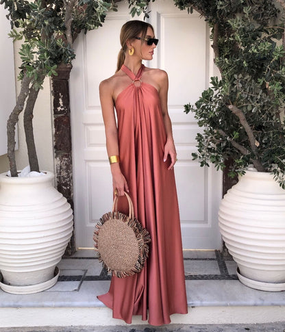 Satin  Elegant Maxi long Dress: Backless Halter Neck - Airnori
