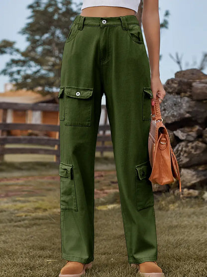 Everyday Washed Cargo Denim Pants with Semi-Elastic Waist