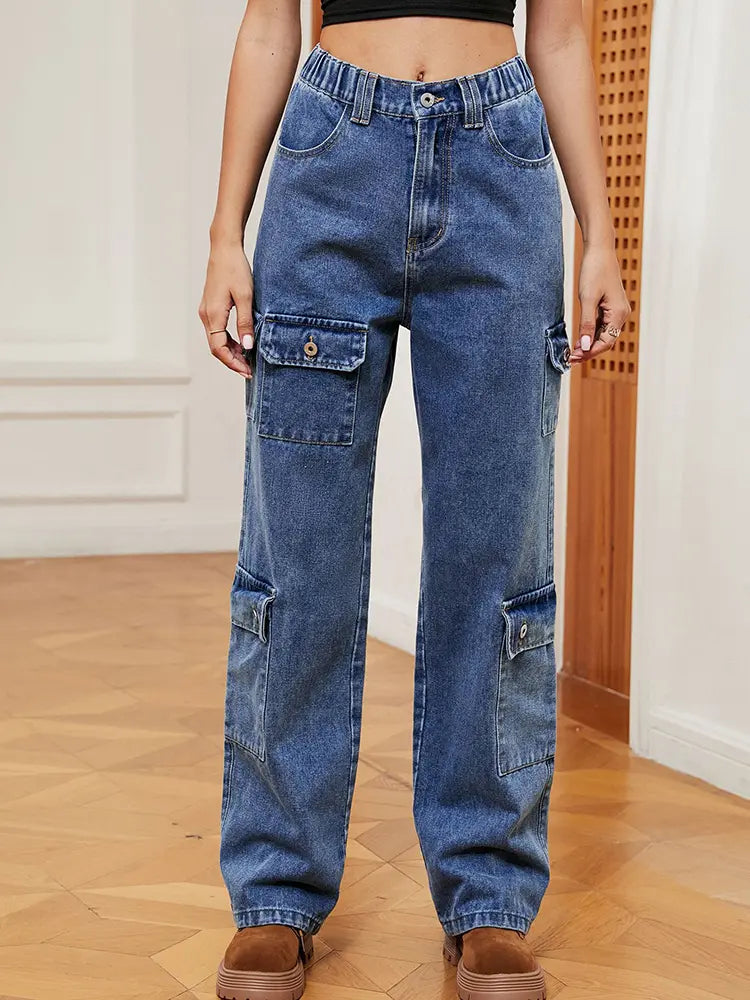 Everyday Washed Cargo Denim Pants with Semi-Elastic Waist