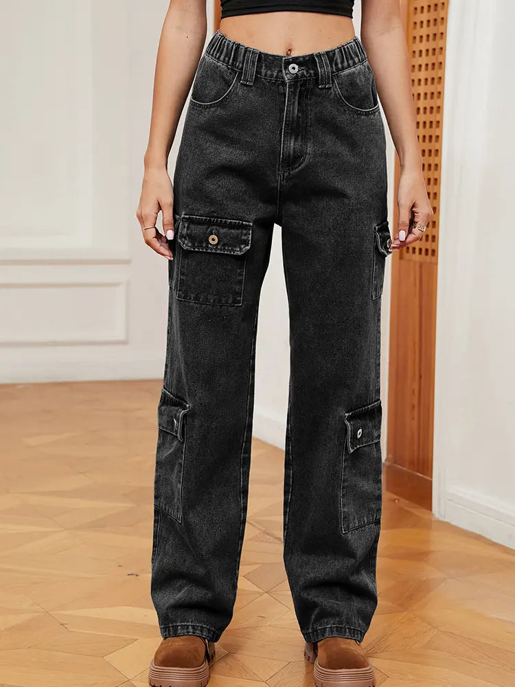 Everyday Washed Cargo Denim Pants with Semi-Elastic Waist