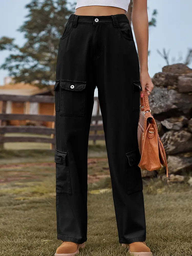 Everyday Washed Cargo Denim Pants with Semi-Elastic Waist