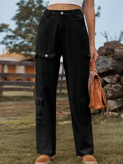 Everyday Washed Cargo Denim Pants with Semi-Elastic Waist