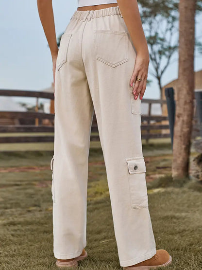 Everyday Washed Cargo Denim Pants with Semi-Elastic Waist