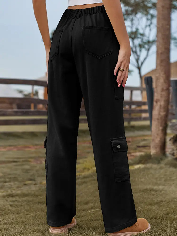 Everyday Washed Cargo Denim Pants with Semi-Elastic Waist