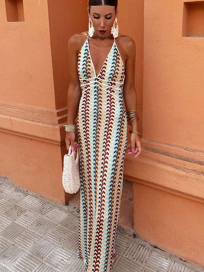 Halter V Neck Backless Boho Pattern Knit Slim-Fit Vacation Maxi Dresses-Beige - Airnori