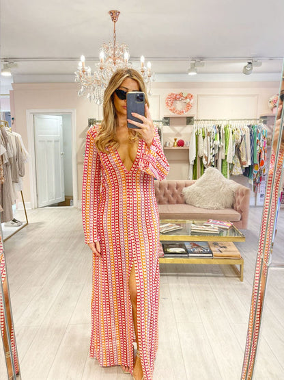 Boho V Neck Bell Sleeve Wavy Striped Crochet Beach Vacation Maxi Dress - Red - Airnori