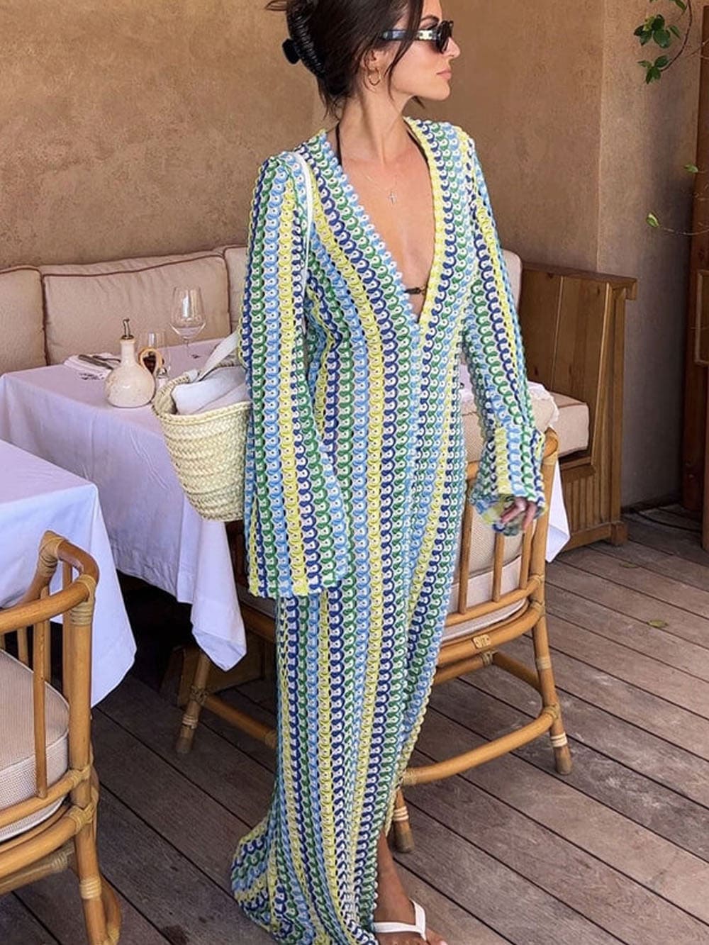 Boho V Neck Bell Sleeve Wavy Striped Crochet Beach Vacation Maxi Dress - Yellow - Airnori