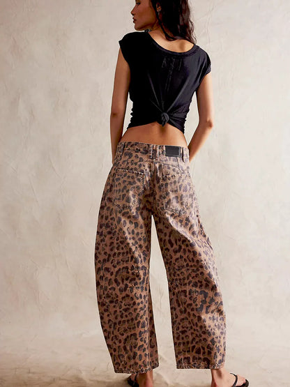 Wild Spirit Barrel-Leg Leopard Print Jeans