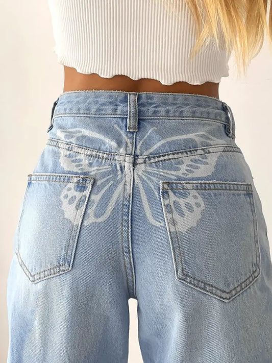 Butterfly Muse High-Waisted Artistic Denim Pants