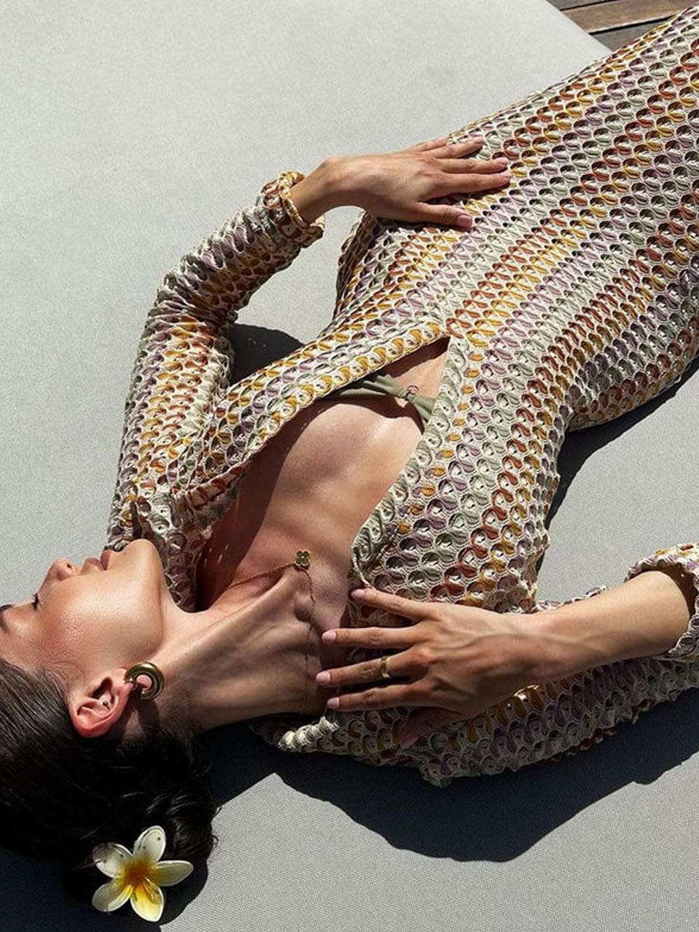 Boho Collared V Neck Split Wavy Striped Crochet Beach Vacation Maxi Dress - Brown - Airnori