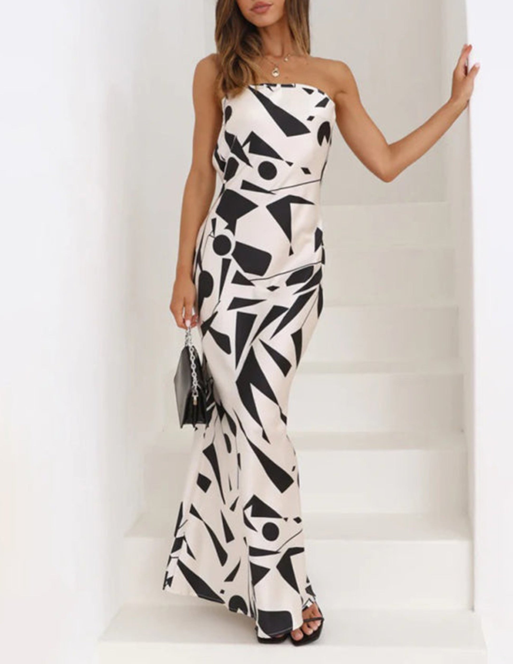 Satin Geometric Print Off Shoulder Maxi Dress - Airnori