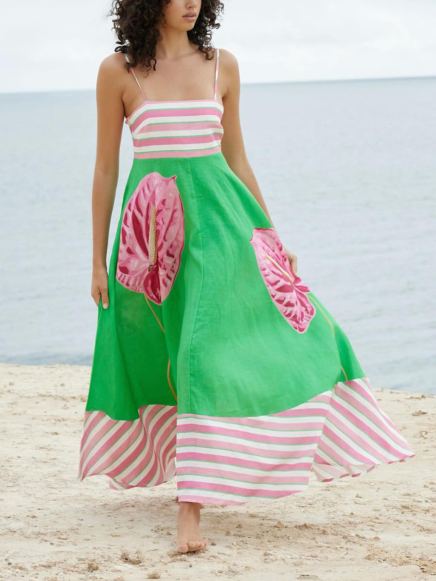 Floral Print Paneled Striped Suspender Mixi Dress - Airnori