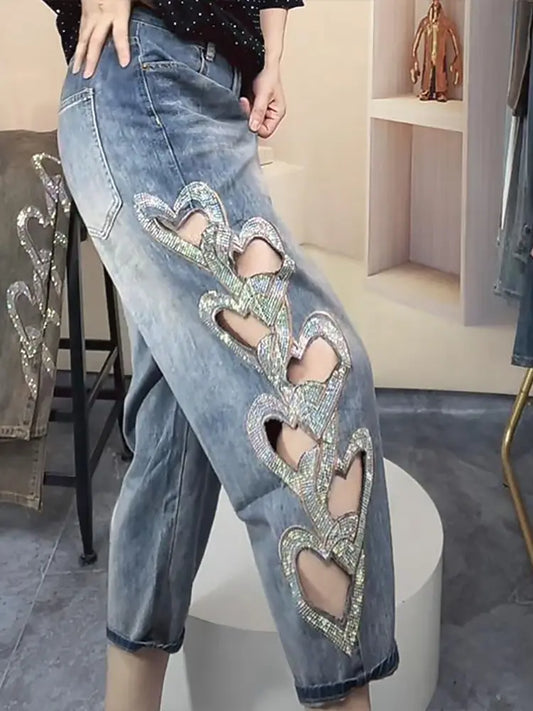 Harper – Heart Cutout Rhinestone Vintage Jeans