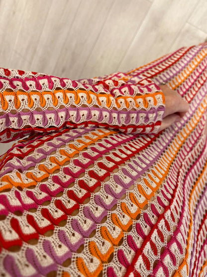 Boho V Neck Bell Sleeve Wavy Striped Crochet Beach Vacation Maxi Dress - Red - Airnori