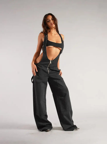 Harper - Zipper Strap Wide-Leg Denim Jumpsuit