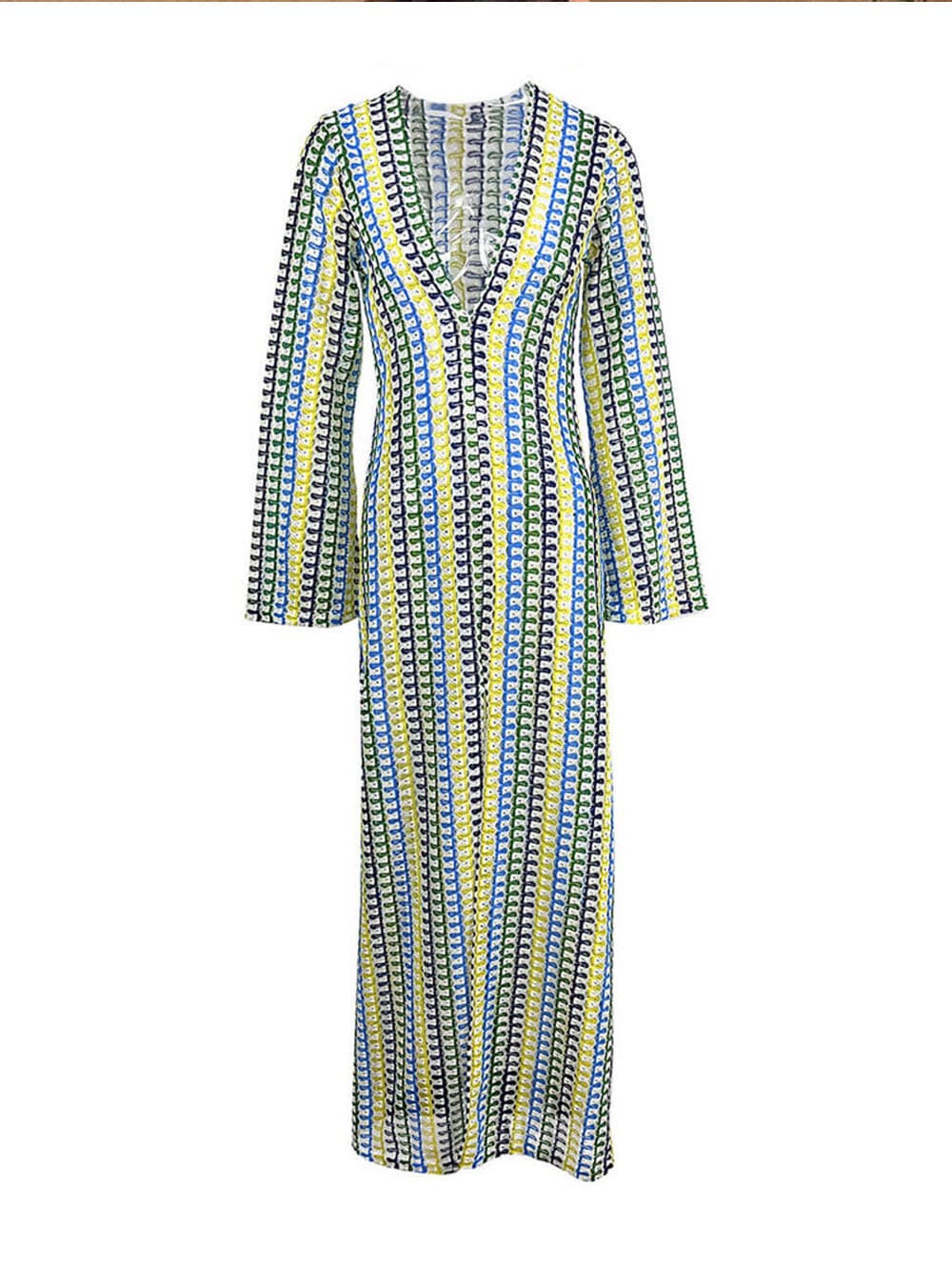 Boho V Neck Bell Sleeve Wavy Striped Crochet Beach Vacation Maxi Dress - Yellow - Airnori