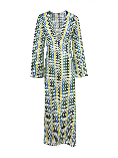 Boho V Neck Bell Sleeve Wavy Striped Crochet Beach Vacation Maxi Dress - Yellow - Airnori