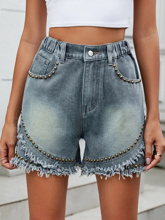 Harper - Studded Frayed Hem Denim Shorts