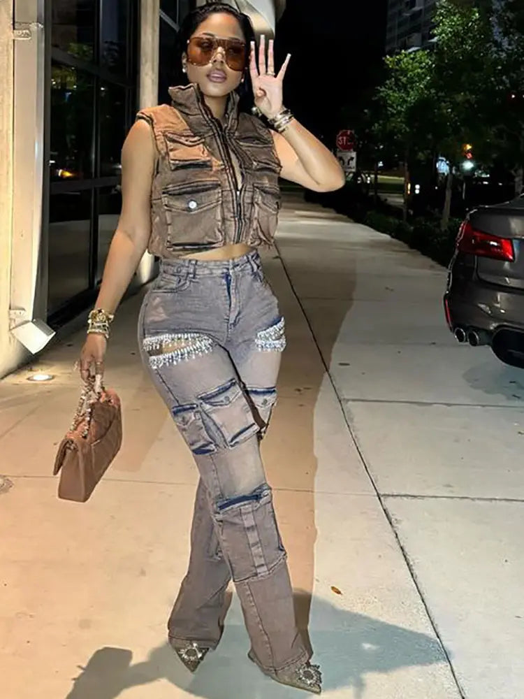 Stella – Glam Cargo Jeans With Fringe & Rhinestones